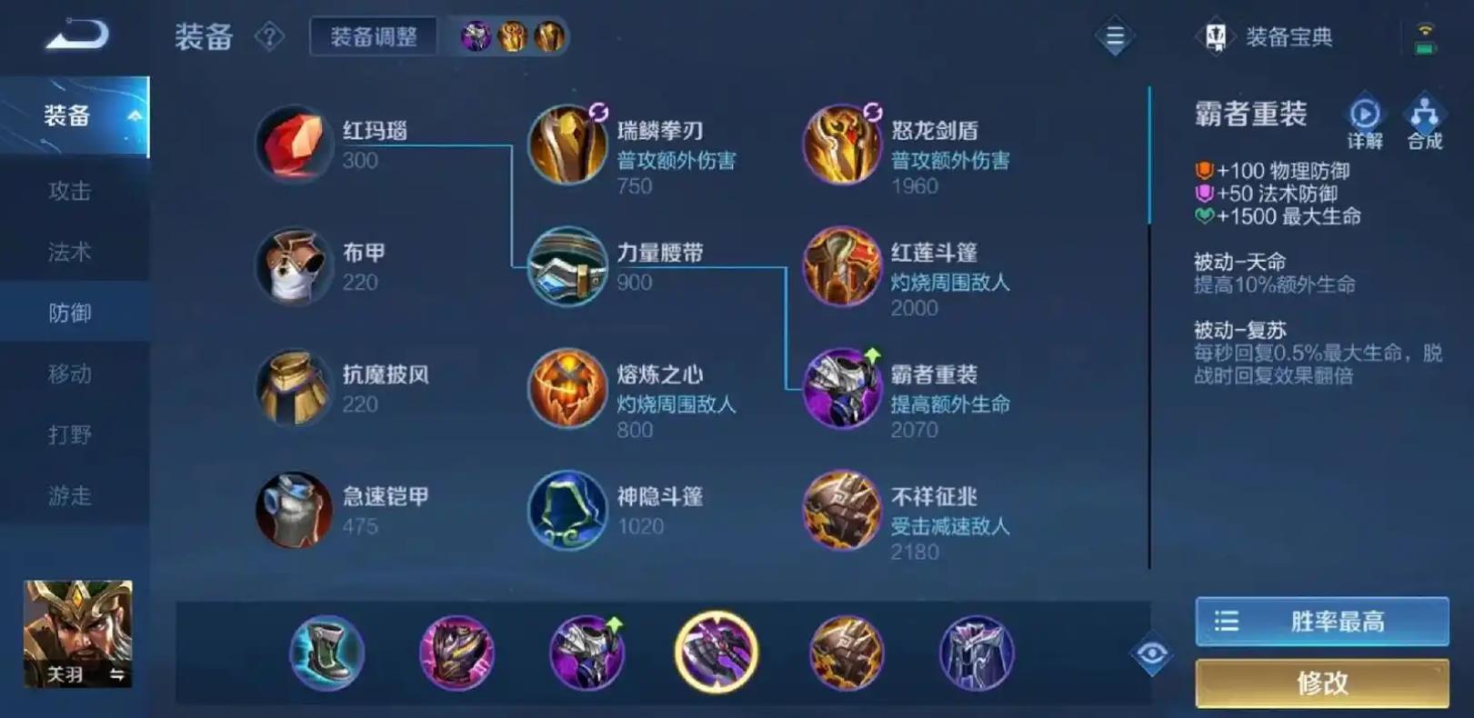 王者荣耀关羽出装是什么